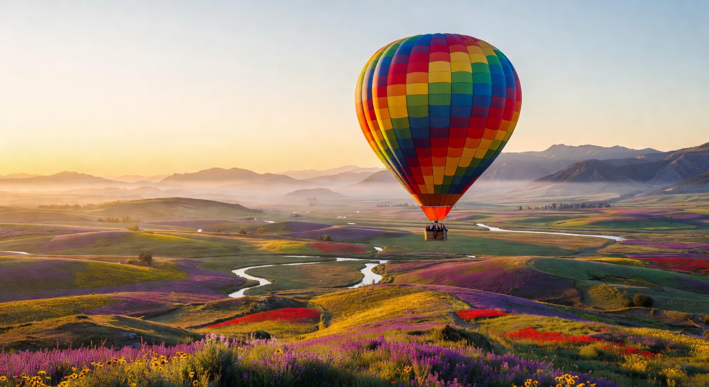 Hot air balloon over valley
