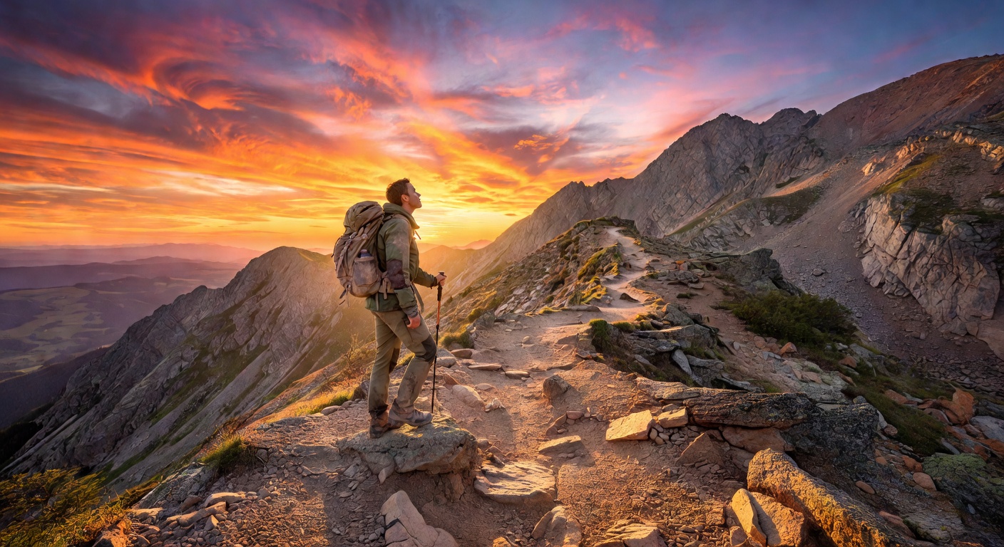 Hiking silhouette against mountain sunset