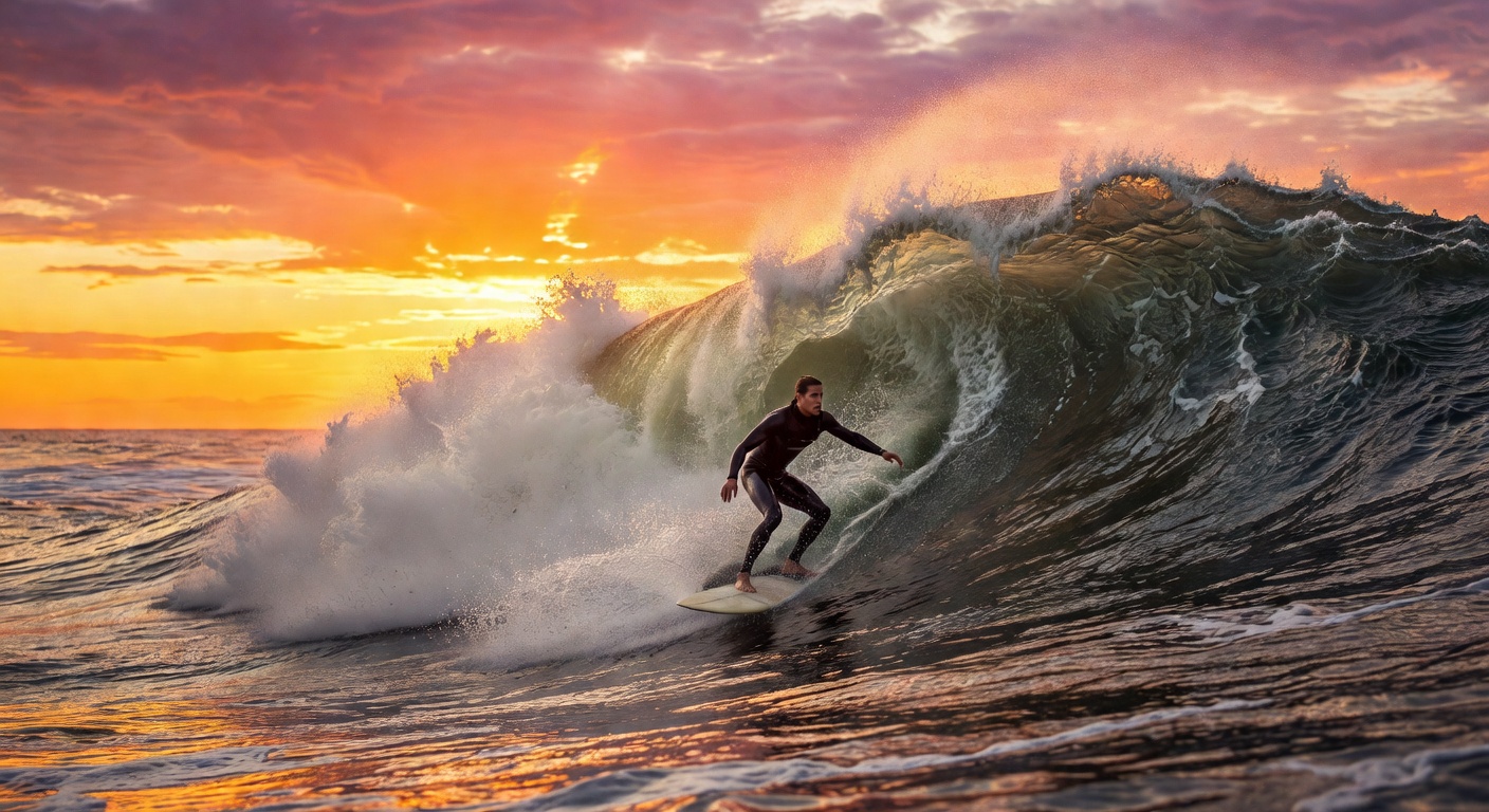 Surfing massive ocean wave