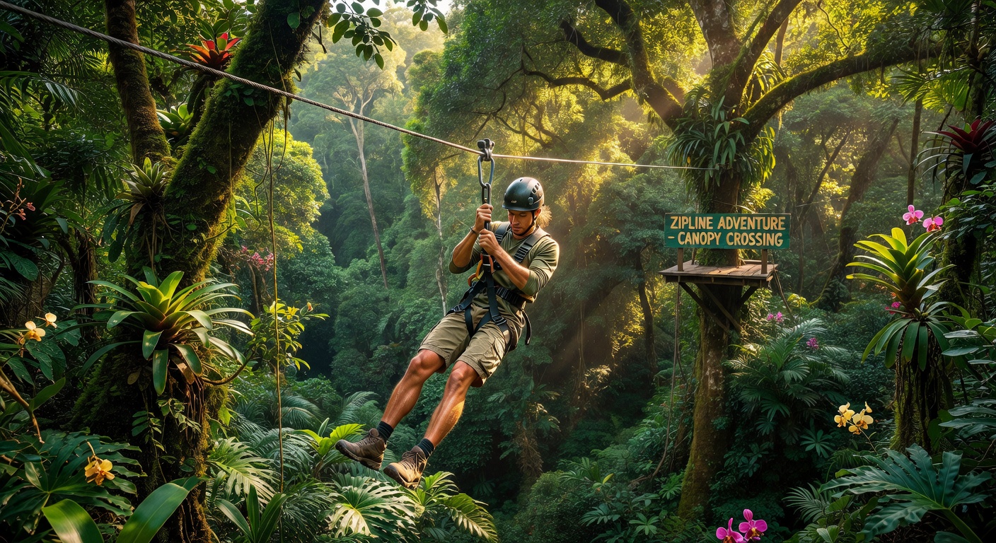 Zipline through jungle canopy